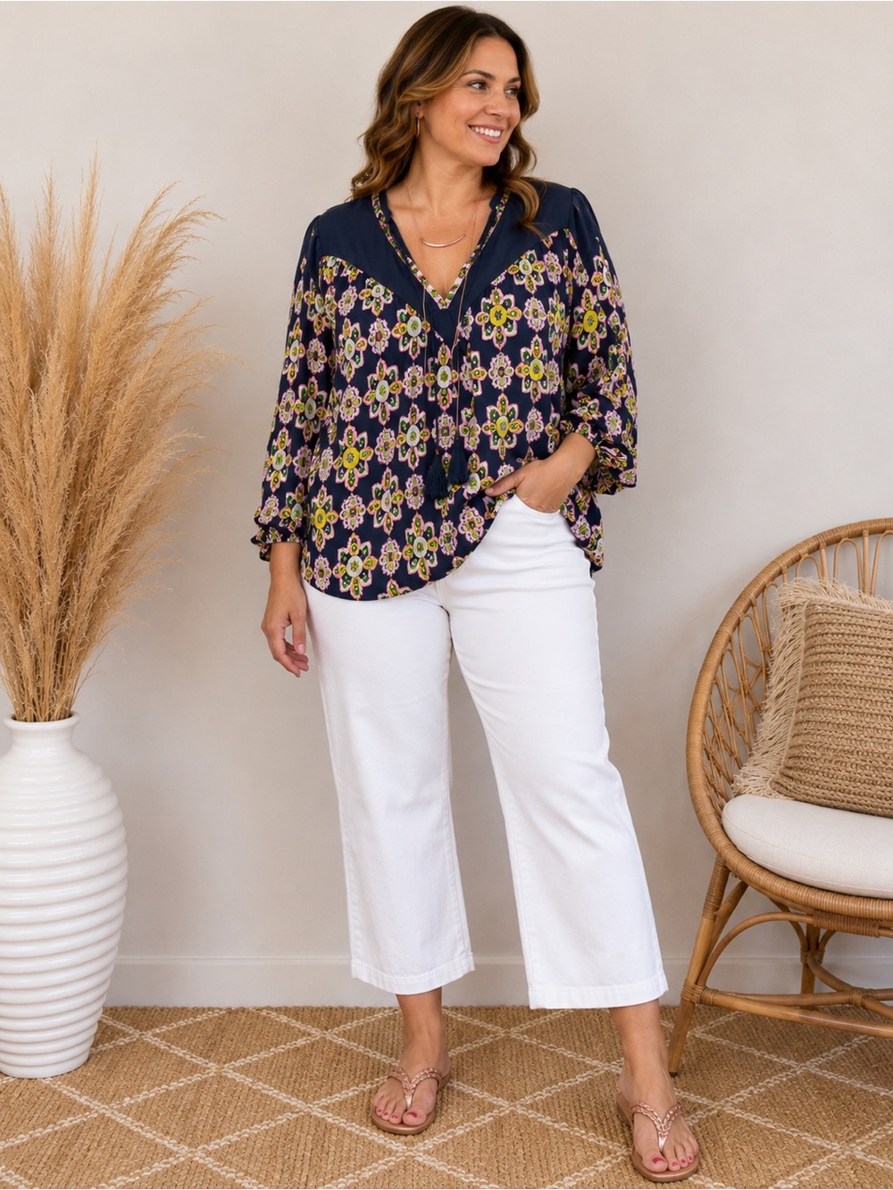 Navy Floral V-Neck Peasant Blouse - Navy